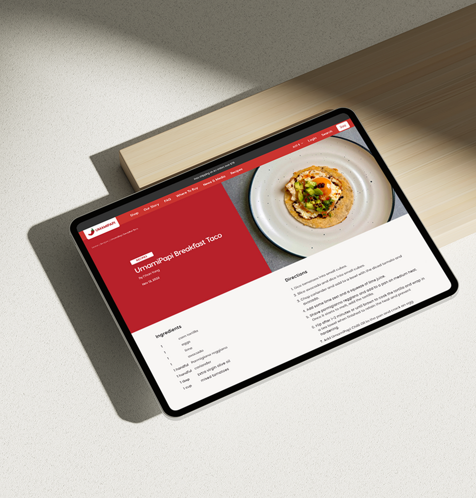 UmamiPapi breakfast taco recipe page shown on a tablet