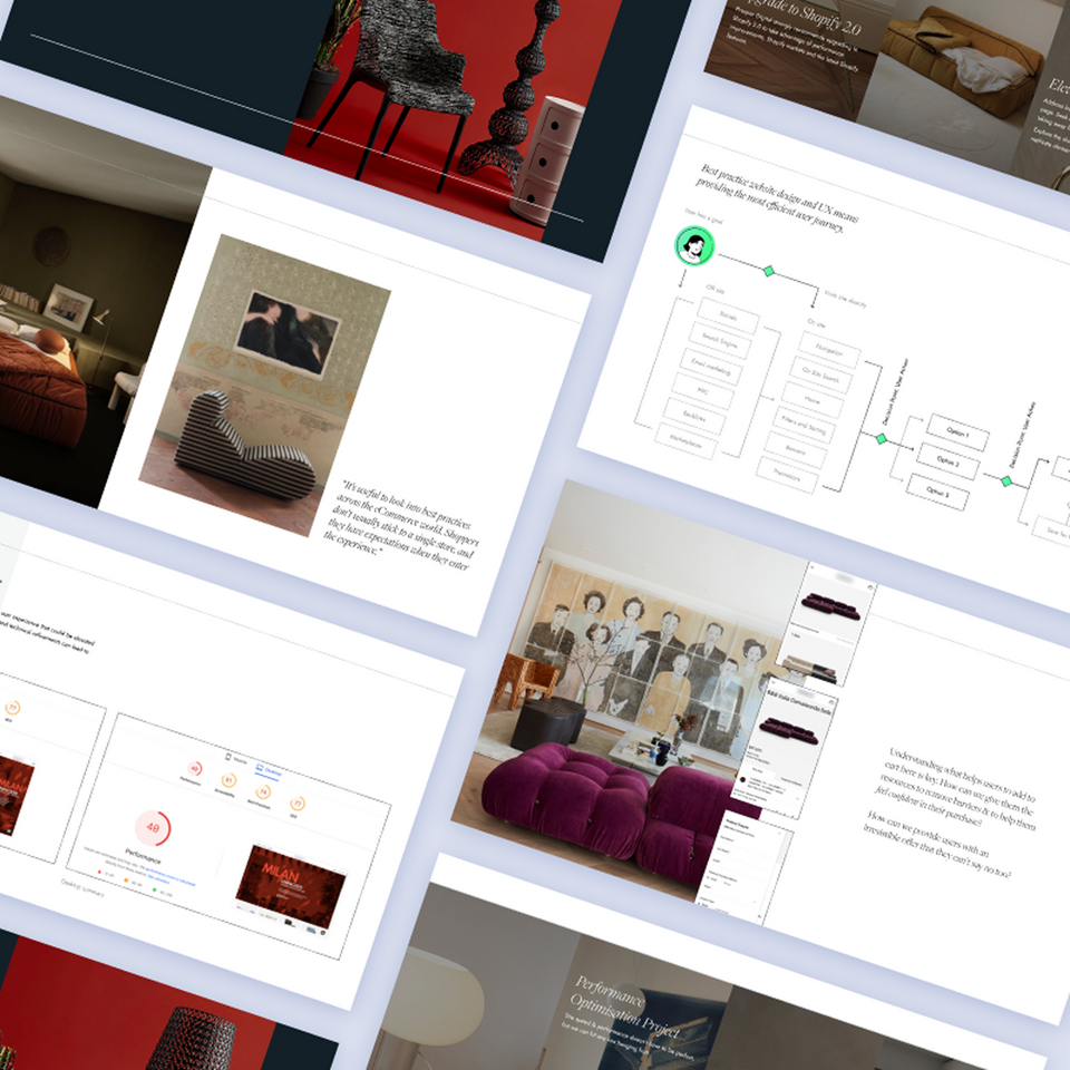 Collage of ecommerce CRO audit findings, user journeys and performance reports