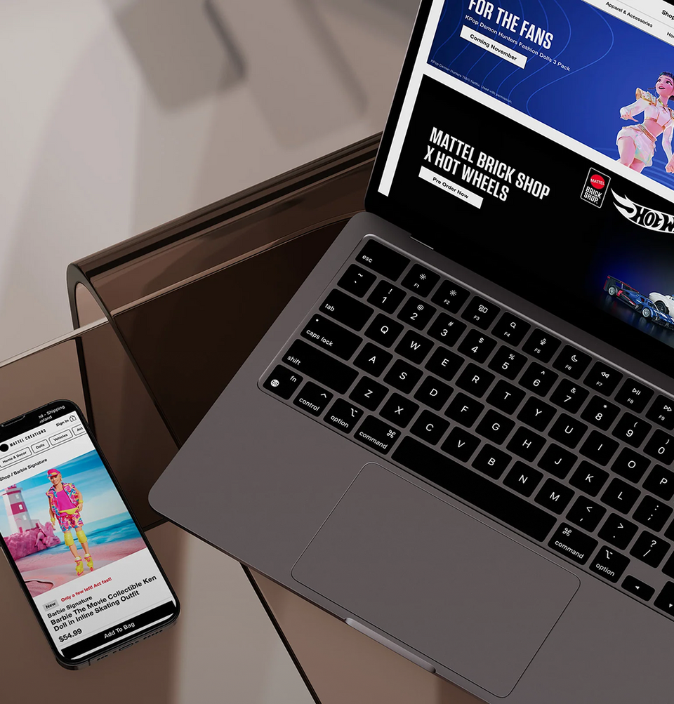Mattel Creations ecommerce stores shown on a laptop and mobile phone