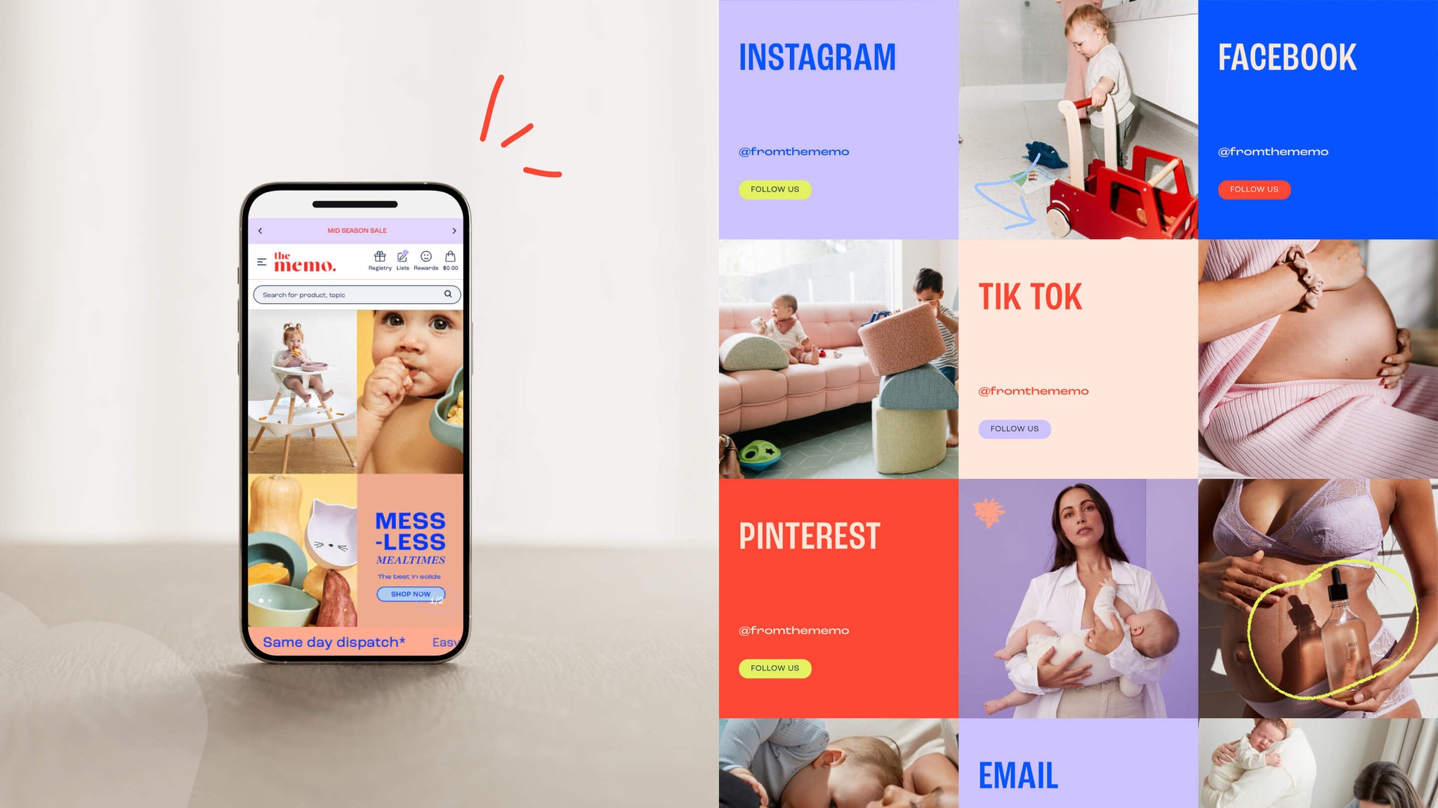 The Memo ecommerce storefront shown on a mobile phone with brand imagery