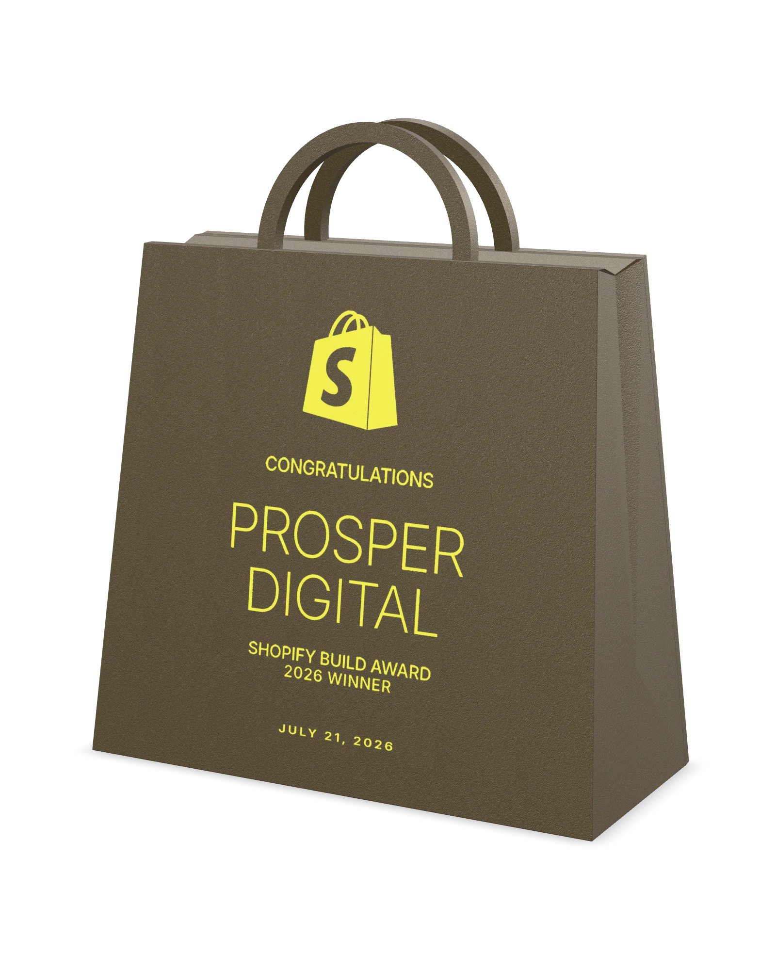 Interactive 360 degree view of the dark metal 2026 Shopify Build Award with yellow winner lettering and an S-shaped window revealing Shopify Liquid code.